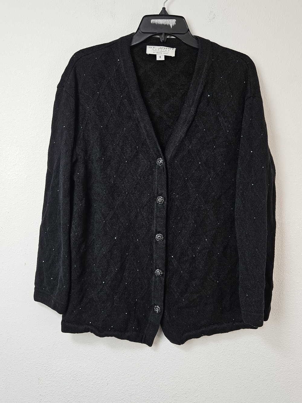 St. John Evening Black Sequined V-Neck Cardigan Sweater Size 8